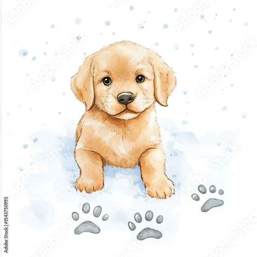 Adorable Golden Retriever Puppy in Watercolor with Paw Prints and Snowflakes