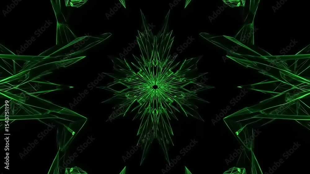 Abstract green geometric patterns radiating from a central point, creating a mesmerizing visual effect