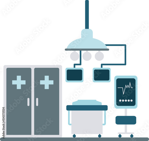 Operating Room Setup: A clean, modern operating room is depicted, featuring essential medical equipment like a surgical lamp, monitors, and a storage cabinet, ready for a procedure. 