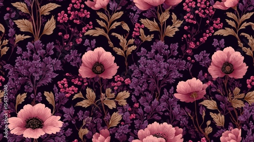 appalachian gothic botanical wallpaper pattern in dark purple dusty rose and beige