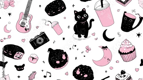 cute cartoon elements in black pink and white with moon bows and sweet icons