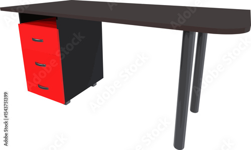 Modern Home Office Desk: Sleek, contemporary computer desk with a stylish red and black color scheme. Features a spacious work surface and a convenient three-drawer filing cabinet.