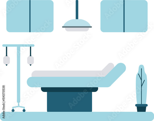 Minimalist Medical Suite Illustration: A clean and serene illustration of a medical examination room, complete with a medical bed, surgical lighting, and essential equipment.