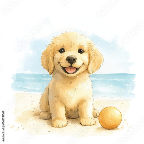 Adorable Golden Retriever Puppy Smiling on Beach with Orange Ball