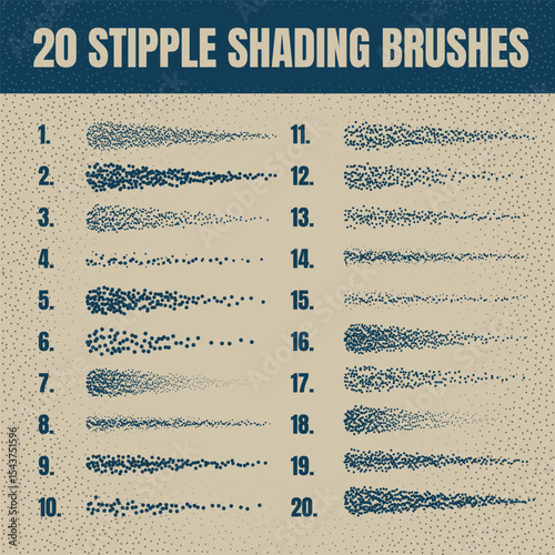Ink scatter brush, stipple drawing and texturing. Fading gradient. Stippling, dotwork drawing, shading using dots. Halftone disintegration effect. White noise grainy texture. Vector illustration
