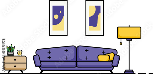 Cozy Interior Scene with Sofa and Decor: A vibrant, illustrated depiction of a comfortable living space, featuring a stylish sofa, artwork, and a floor lamp. Capturing a sense of home.