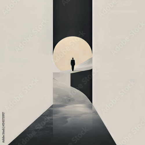Abstract Silhouette of Man: Geometric Landscape at Ethereal Sunset for Modern Art