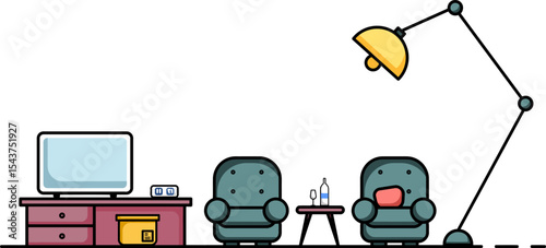 Modern Home Interior Illustration: A contemporary living room scene, with a television set and a pair of armchairs centered, the ambiance of modern living.