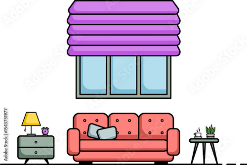 Cozy Living Room Scene: A minimalist illustration of a cozy living room featuring a comfortable coral sofa, a purple Roman shade, a small side table with plants, and a bedside table with a lamp.