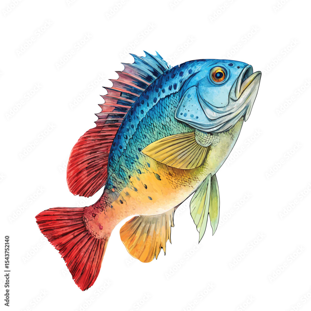 Fototapeta premium Vibrant Watercolor Illustration of a Colorful Blue and Red Bass Fish, Perfect for Nature Art Lovers and Fishing Enthusiasts