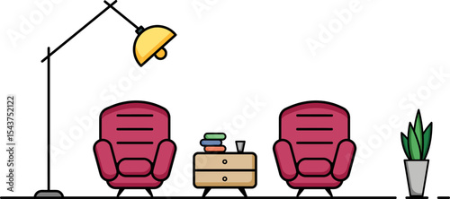 Cozy Lounge Area: Modern vector illustration of a relaxing living space, showcasing stylish furniture and a warm ambiance. 
