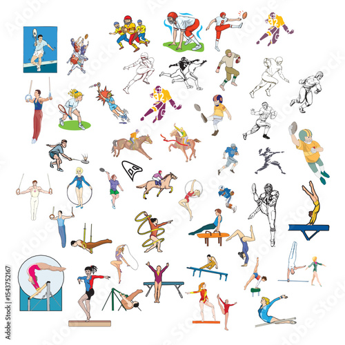 Vector collection of people in the gym. Characters doing exercises with sports equipments