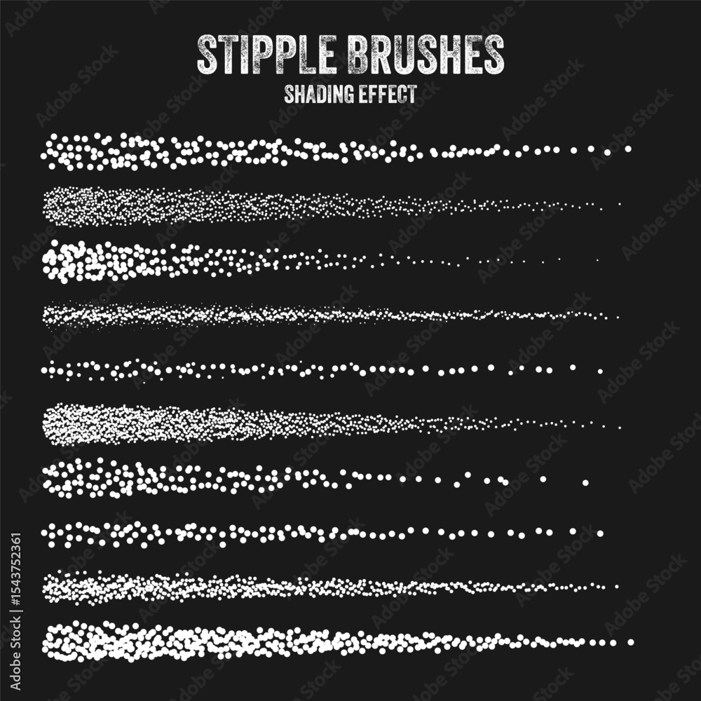 Fototapeta premium Ink scatter brush, stipple drawing and texturing. Fading gradient. Stippling, dotwork drawing, shading using dots. Halftone disintegration effect. White noise grainy texture. Vector illustration