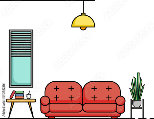 Cozy Living Room: An inviting illustration depicts a simple yet charming living room interior, complete with a sofa, side table, window, and a plant, evoking feelings of warmth and comfort.
