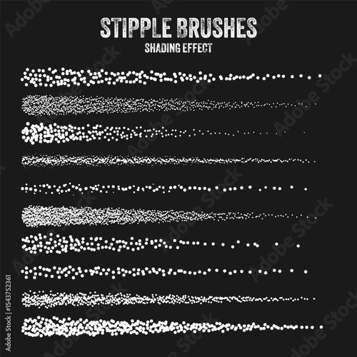 Ink scatter brush, stipple drawing and texturing. Fading gradient. Stippling, dotwork drawing, shading using dots. Halftone disintegration effect. White noise grainy texture. Vector illustration