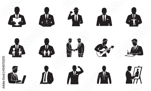 A collection of black silhouette icons depicting men in business attire engaged in a variety of professional and personal activities vector art on white
