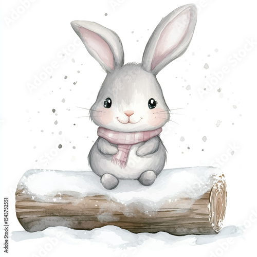 Adorable Grey Bunny in Pink Scarf on Snowy Log
