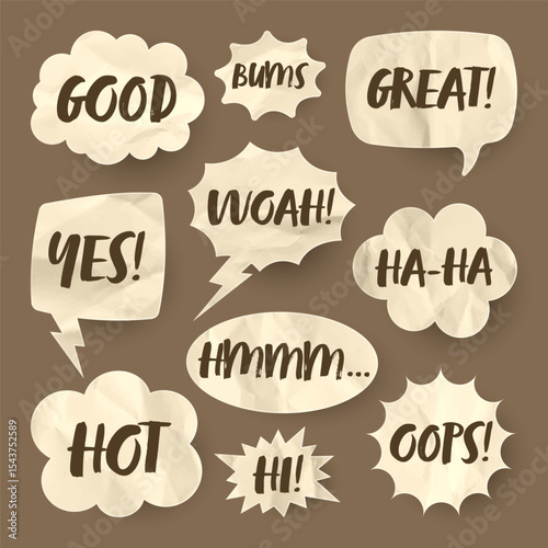 Crumpled brown paper comic speech bubbles. Hand drawn retro cartoon stickers with text. Pop art style. Old, vintage dialog boxes with cardboard texture. Vector illustration