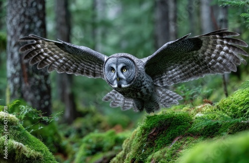 A close-up of an owl in flight, its wings spread wide as it glides through the air over moss-covered branches and trees.