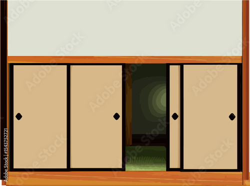 Japanese Sliding Doors: Minimalist art of traditional Japanese sliding doors in an interior, representing a blend of nature, culture, and tranquility. Featuring wood, paper, and subtle details