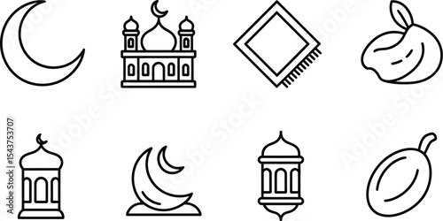 A collection of ramadan themed line icons including mosque moon and dates food