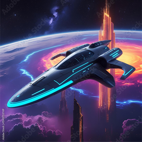 3D illustration of a futuristic sci-fi spaceship in a planet's orbit with a cosmic nebula.