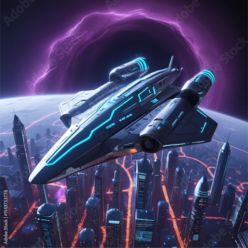 Futuristic interstellar warship flying in outer space with a ringed planet background.