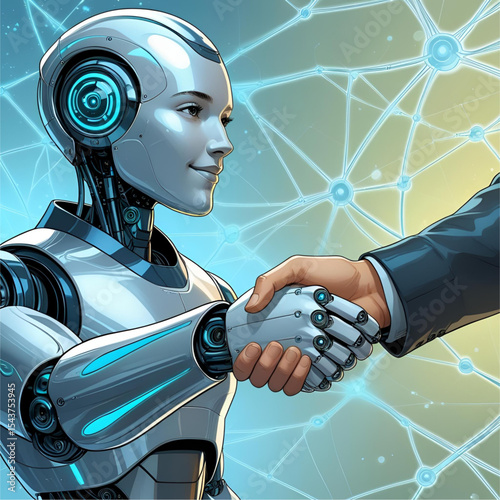 Artificial intelligence concept: A human and an android finalizing a business agreement.