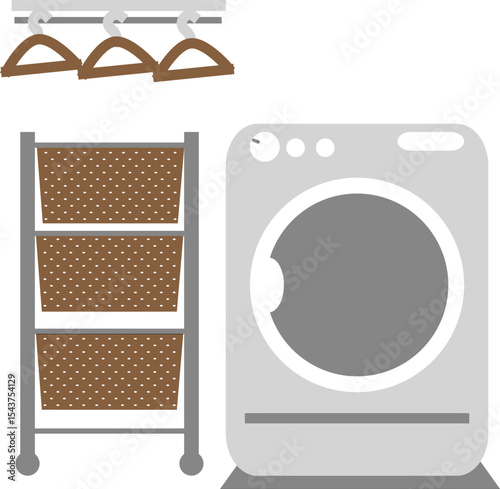 Laundry Room Essentials: An eye-level perspective of a laundry scene, showcasing essential items: a washing machine, clothes rack with hangers, and a storage rack with wicker baskets.