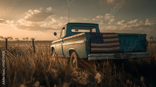 Old blue pickup truck with american flag in a field at sunset with cloudy sky in the background