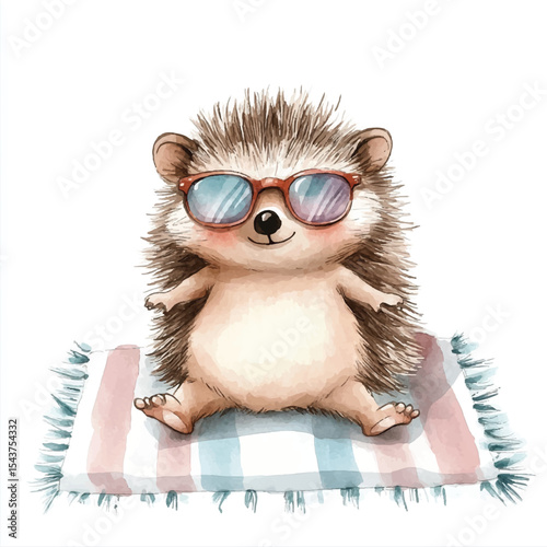 Adorable Hedgehog in Sunglasses Relaxing on a Striped Blanket (1)