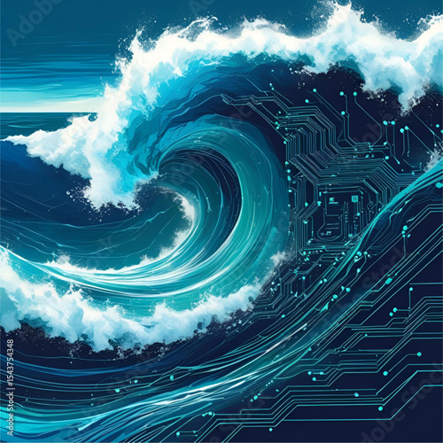 A large futuristic wave illustration combined with digital circuit patterns. Depicts the power of nature integrated with modern technology.