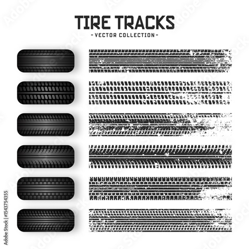 Grunge tire tracks, rubber wheels, and braking marks. Truck, car, or motorcycle tread pattern silhouettes. Perfect for auto racing, motorsport, and speed-related designs. Vector illustration