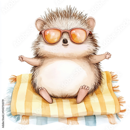 Adorable Hedgehog in Sunglasses Relaxing on a Striped Blanket