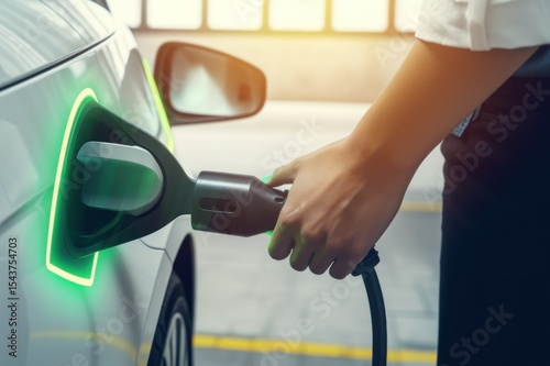 Electric Car. Modern Electric Vehicle. Electric Car Charging at Station. Eco-Friendly Vehicle Connected to Power Source. Clean Energy and Sustainable Transportation Concept with copy space.	

