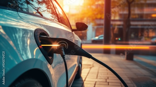 Electric Car. Modern Electric Vehicle. Electric Car Charging at Station. Eco-Friendly Vehicle Connected to Power Source. Clean Energy and Sustainable Transportation Concept with copy space.	
