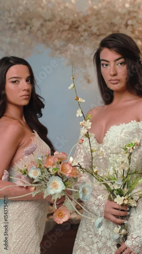 Candid shot of two beautifull female brides during their wedding ceremony indoor