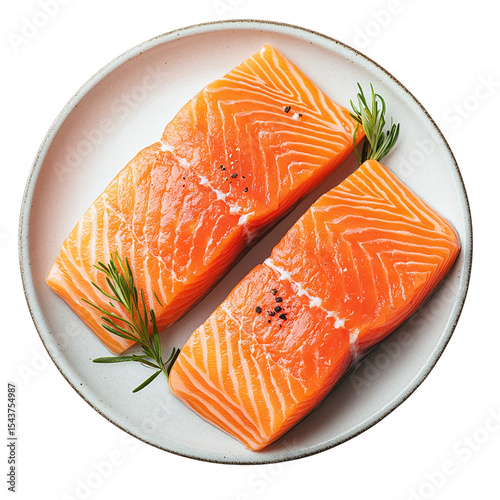 Fresh raw salmon fillet on a plate isolated on transparent background.