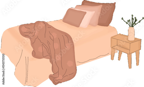 Cozy Bedroom: A welcoming bedroom setting featuring a neatly made bed adorned with pillows and a warm blanket, complete with a bedside table holding a vase of flowers.