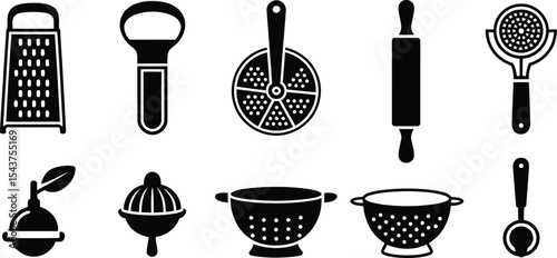 A collection of kitchen utensils displayed in a vector graphic format image