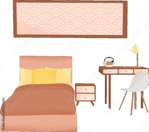 Serene Bedroom Interior: A cozy bedroom interior showcasing a minimalist design with a bed, bedside table, study table, chair, and artwork, evoking tranquility and comfort.