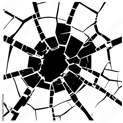 Black and white cracked glass radial pattern, vector illustration