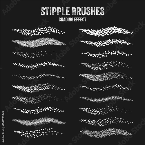 Ink scatter brush, stipple drawing and texturing. Fading gradient. Stippling, dotwork drawing, shading using dots. Halftone disintegration effect. White noise grainy texture. Vector illustration