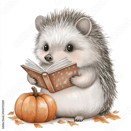Adorable Hedgehog Reading Book with Autumn Pumpkin