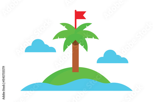 Tropical Island Paradise Palm Tree, Flag, Ocean, Clouds, Escape