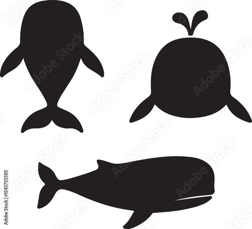 Whale silhouette icons set side, front and top views vector art illustration