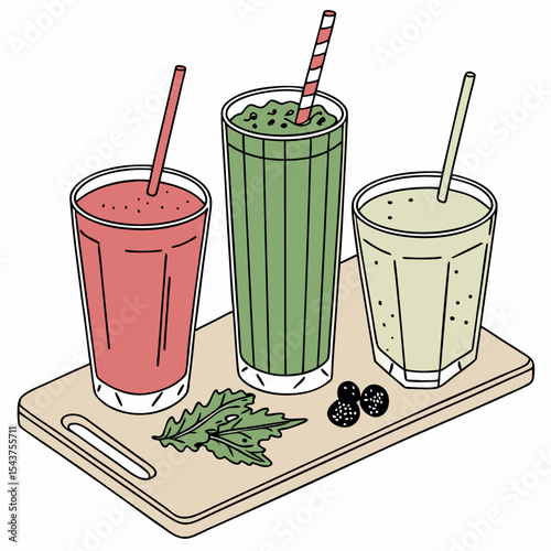 A high-quality food photography shot of three smoothies on a light wooden cutting board. In the center, a tall glass contains a frothy green smoothie made with spinach or kale