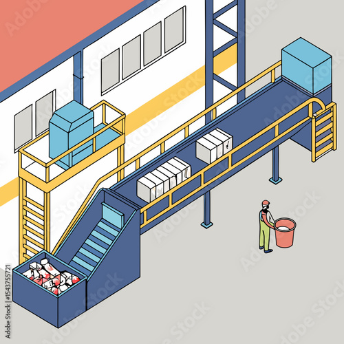 An industrial recycling facility interior photograph showing a long conveyor belt system. The conveyor belt carries sorted waste materials in various colors including blue, white, and mixed plastics.