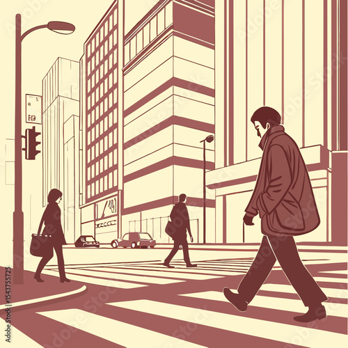 A motion-blurred urban street scene in Tokyo during daytime. The image shows multiple people walking on a sidewalk, their figures blurred due to long exposure photography
