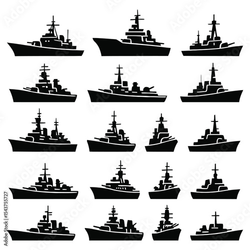 Collection of warship silhouettes isolated on white background